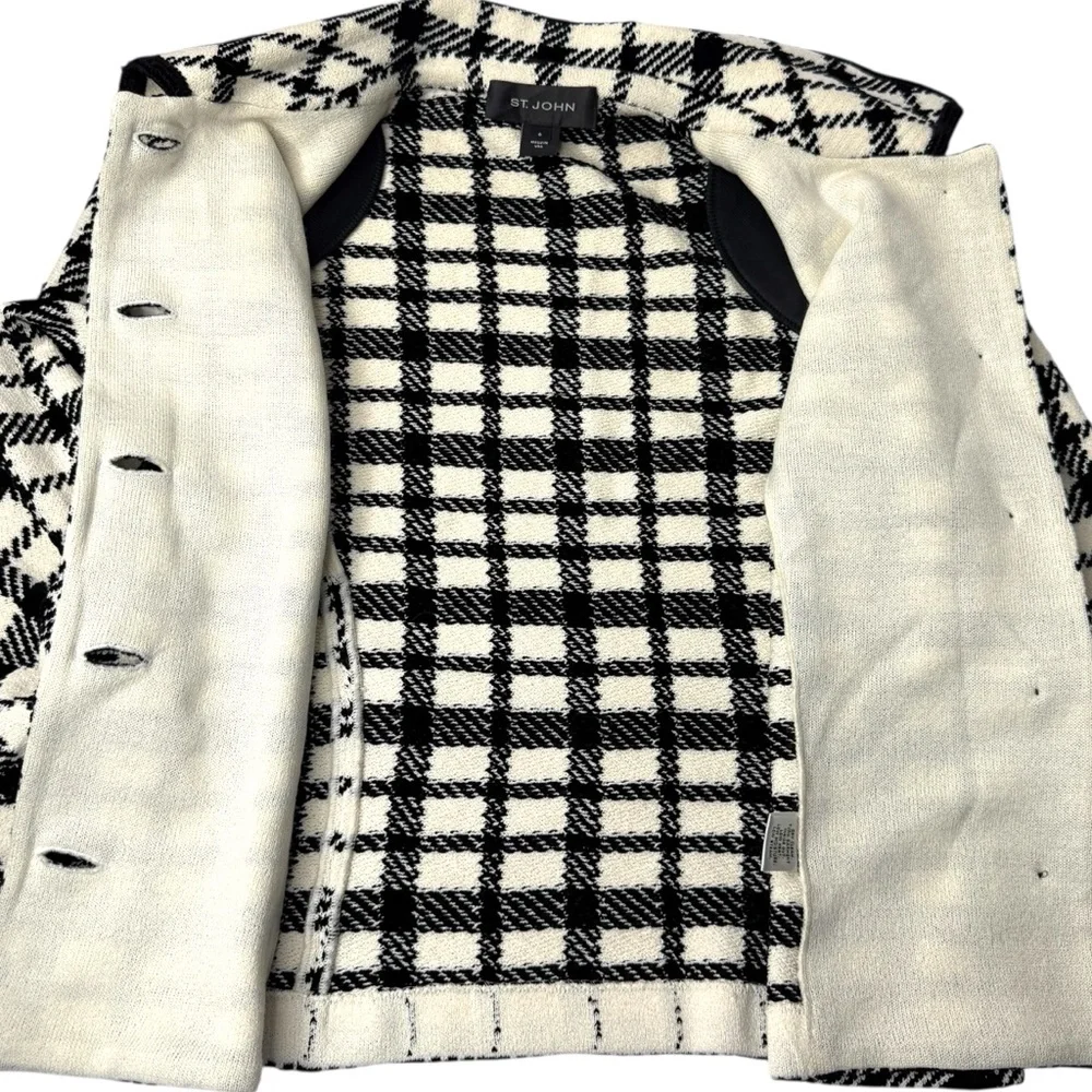 ST. JOHN Black & Off-White Plaid Knit Button‎ Jacket Size 6